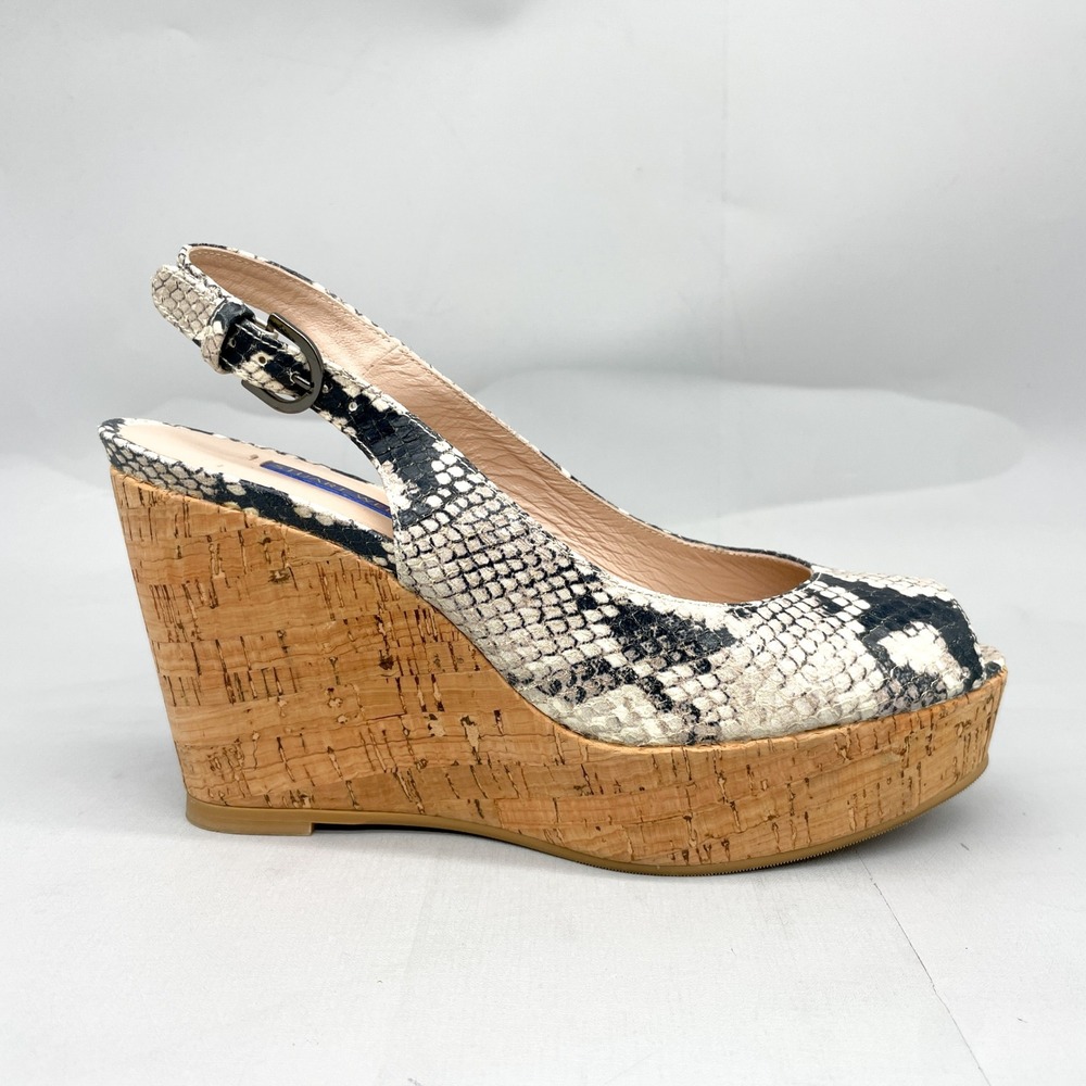 Stuart Weitzman Womens 6.5 Jean Sandals SnakePrint Cork Wedge Platform Slingback
